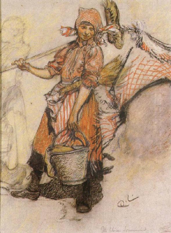 Carl Larsson Study of a Girl wtih Pail and Broom oil painting image